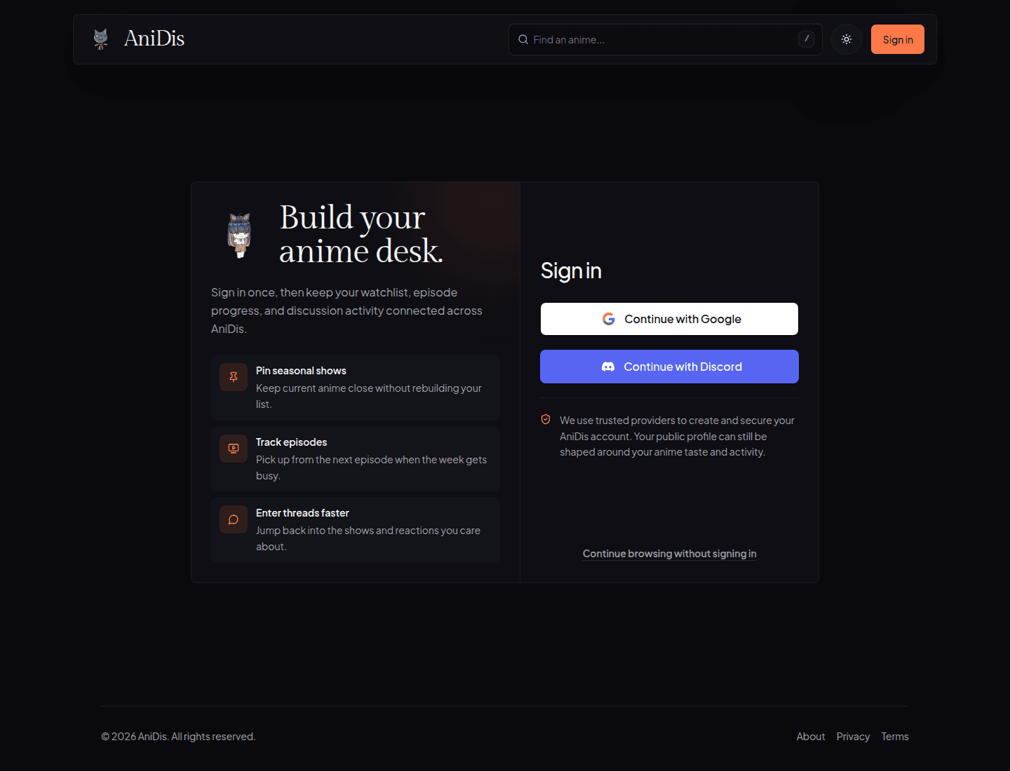 AniDis sign in page for creating an anime desk